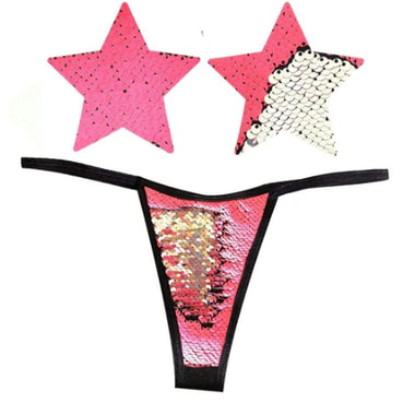 Bitchin Neon Pink and Silver Blacklight Sequin Pastie and Panty Set