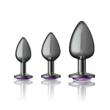 Cheeky Charms Round Metal Butt Plug Gunmetal 3 Pc Kit w Purple Jewel